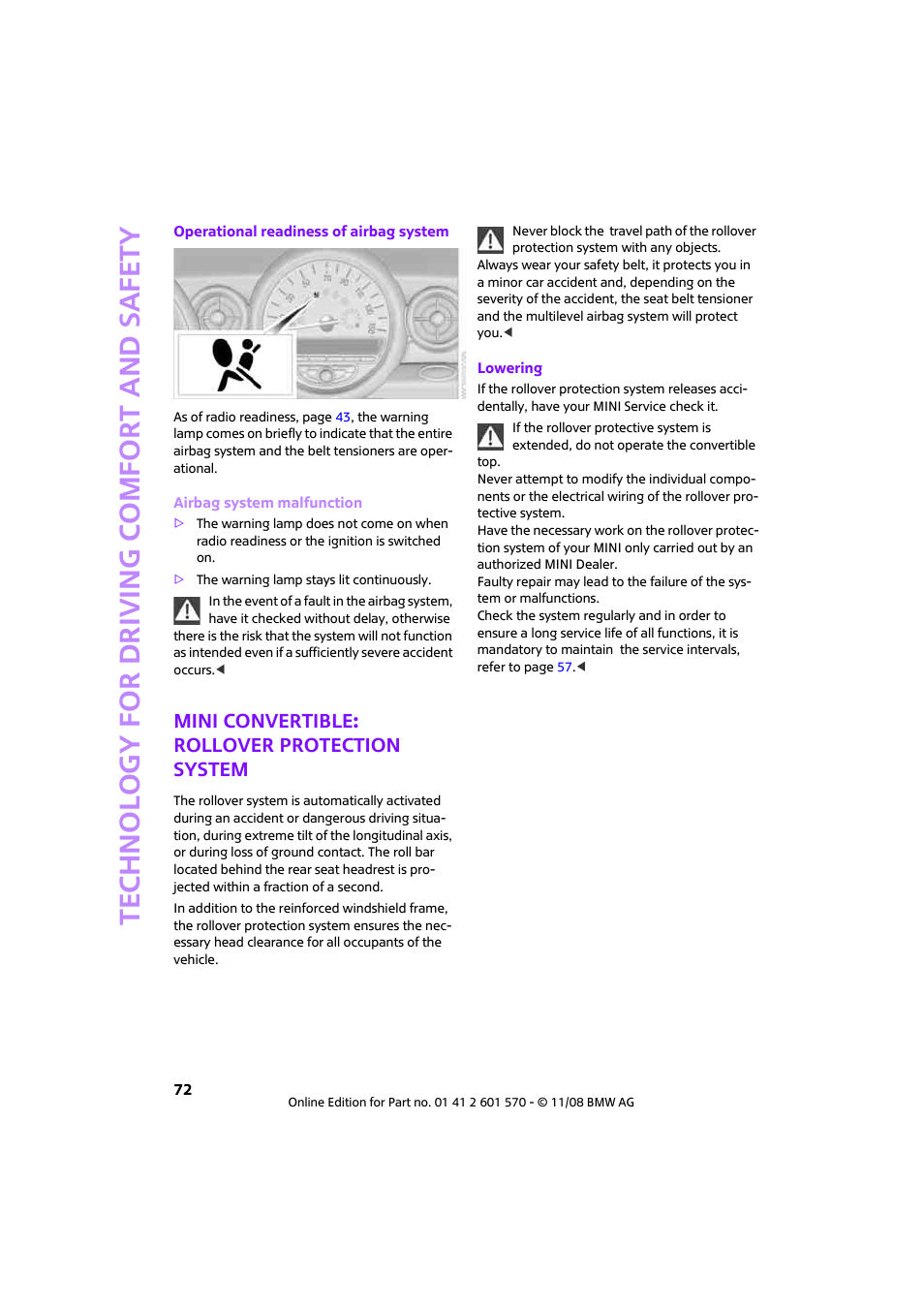 Mini convertible: rollover protection system, Technology for driving comfort and safety | Mini 2009 Cooper Convertible User Manual | Page 74 / 172