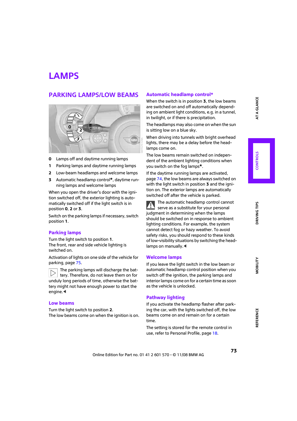 Lamps, Parking lamps/low beams | Mini 2009 Cooper Convertible User Manual | Page 75 / 172