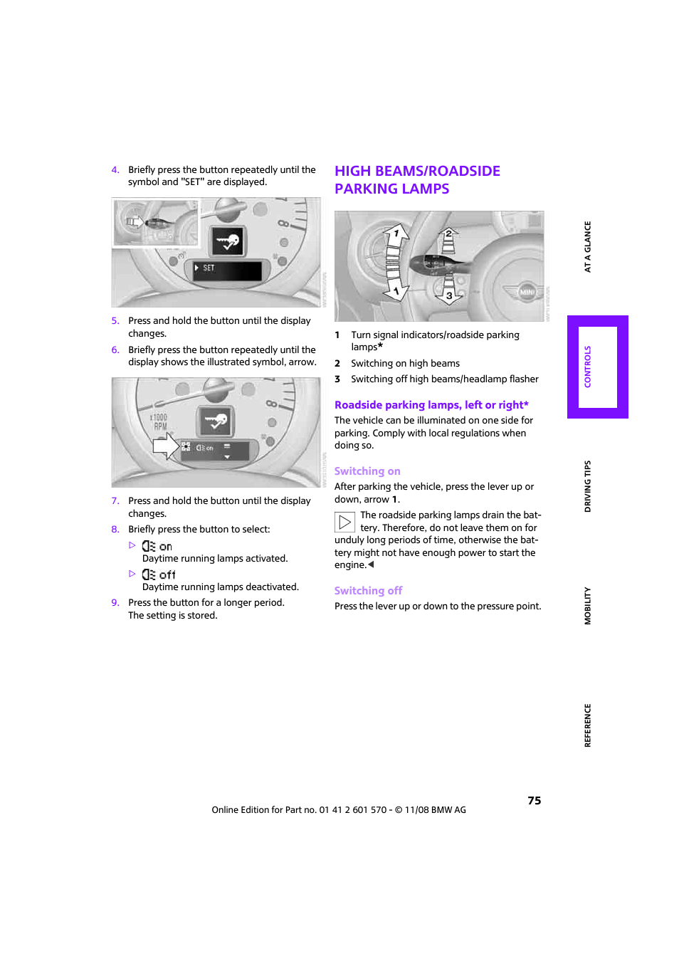 High beams/roadside parking lamps | Mini 2009 Cooper Convertible User Manual | Page 77 / 172