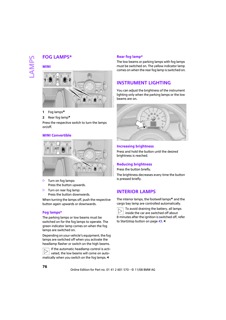 Fog lamps, Instrument lighting, Interior lamps | Lamps | Mini 2009 Cooper Convertible User Manual | Page 78 / 172