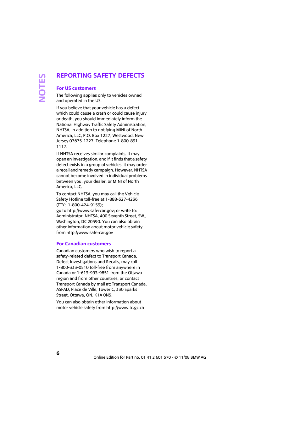 Reporting safety defects | Mini 2009 Cooper Convertible User Manual | Page 8 / 172