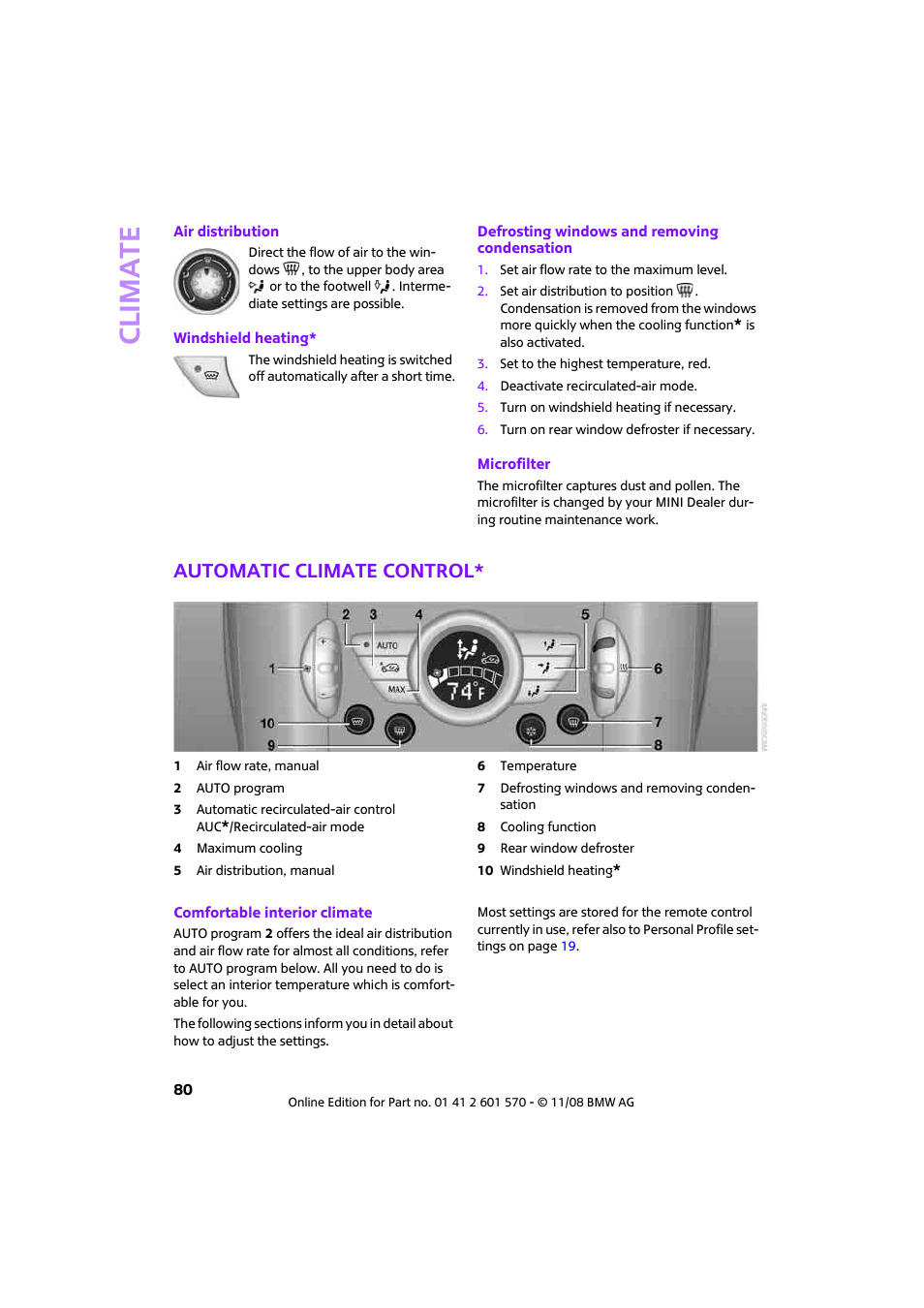 Automatic climate control, Climate | Mini 2009 Cooper Convertible User Manual | Page 82 / 172
