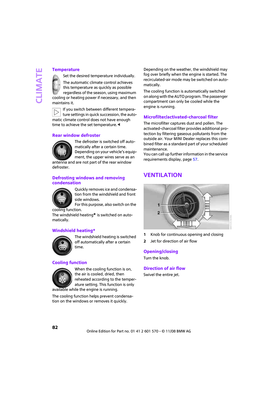 Ventilation, Climate | Mini 2009 Cooper Convertible User Manual | Page 84 / 172