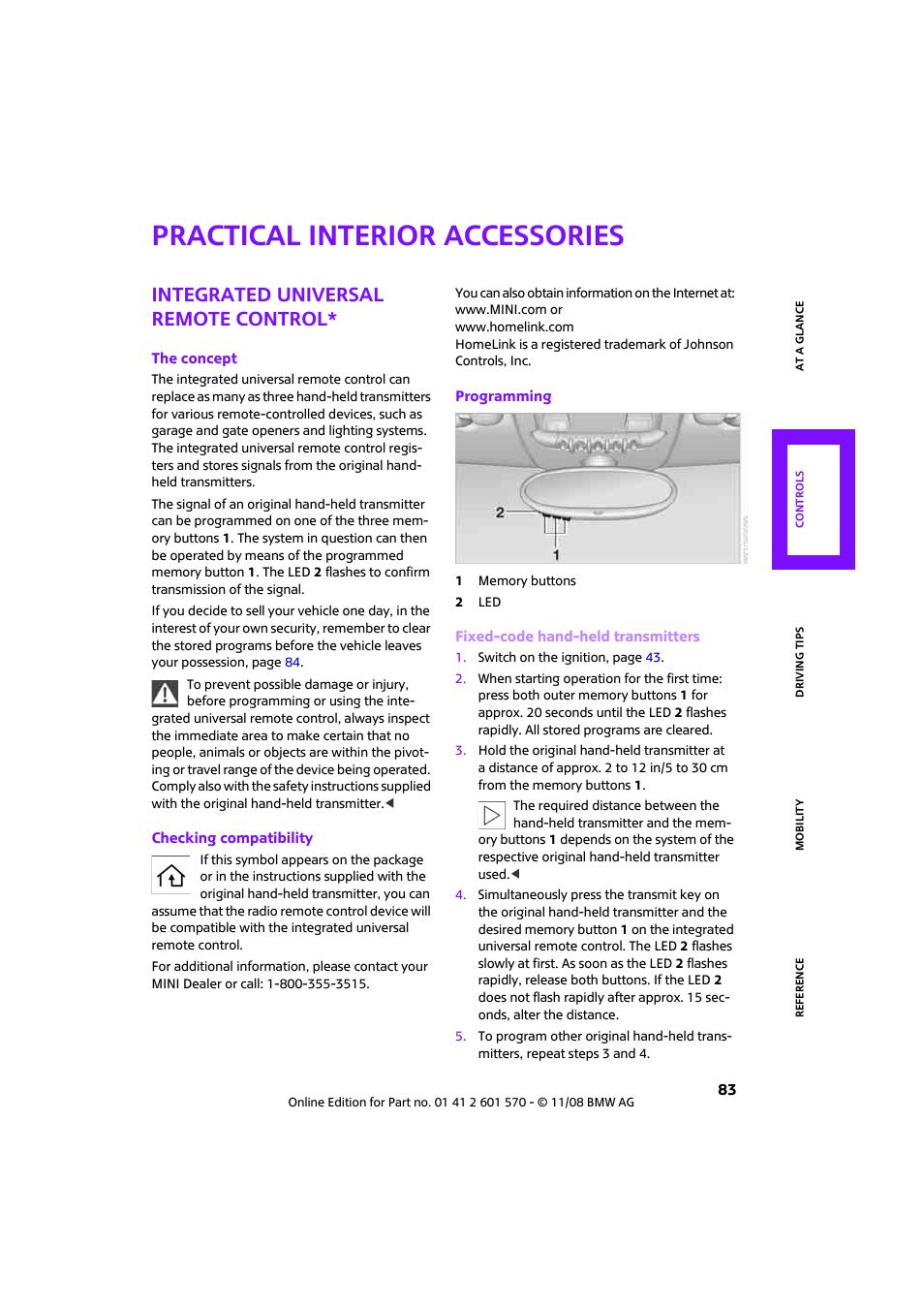 Practical interior accessories, Integrated universal remote control | Mini 2009 Cooper Convertible User Manual | Page 85 / 172