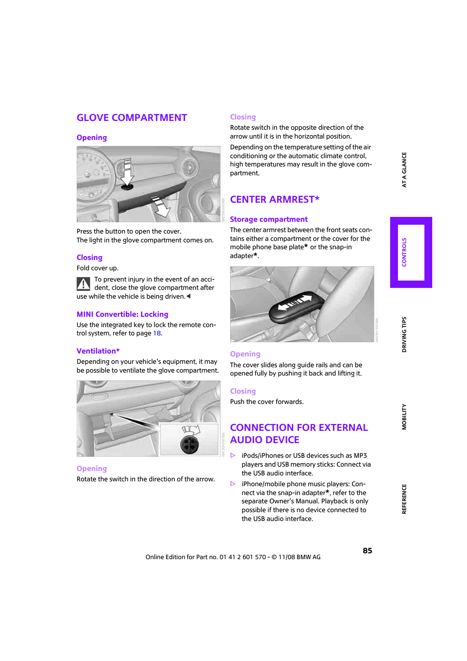 Glove compartment, Center armrest, Connection for external audio device | Mini 2009 Cooper Convertible User Manual | Page 87 / 172