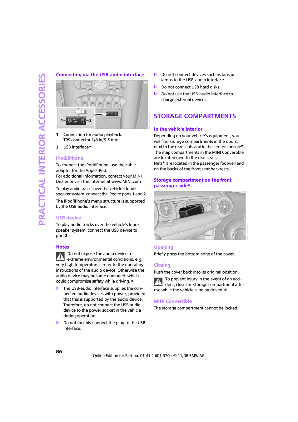 Storage compartments, Practical interior accessories | Mini 2009 Cooper Convertible User Manual | Page 88 / 172