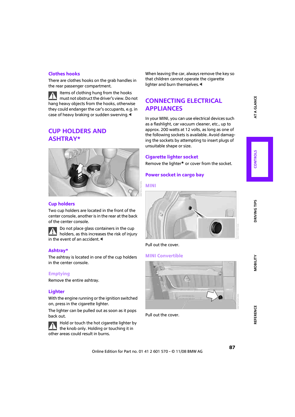Cup holders and ashtray, Connecting electrical appliances | Mini 2009 Cooper Convertible User Manual | Page 89 / 172