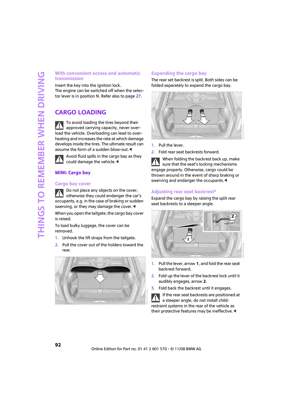 Cargo loading, Things to remember when driving | Mini 2009 Cooper Convertible User Manual | Page 94 / 172