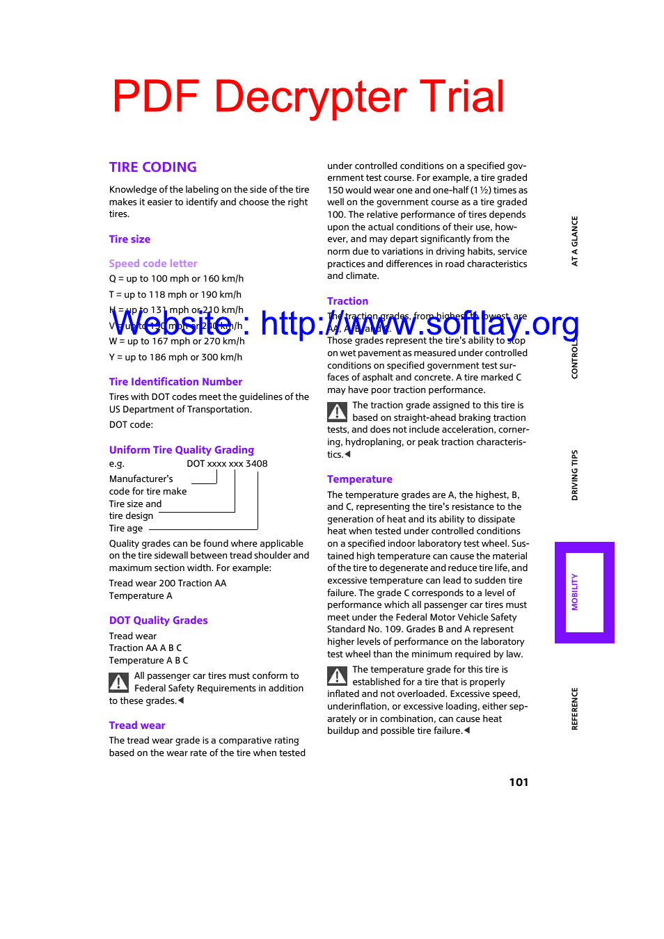 Tire coding, Pdf decrypter trial | Mini 2009 Clubman User Manual | Page 103 / 160