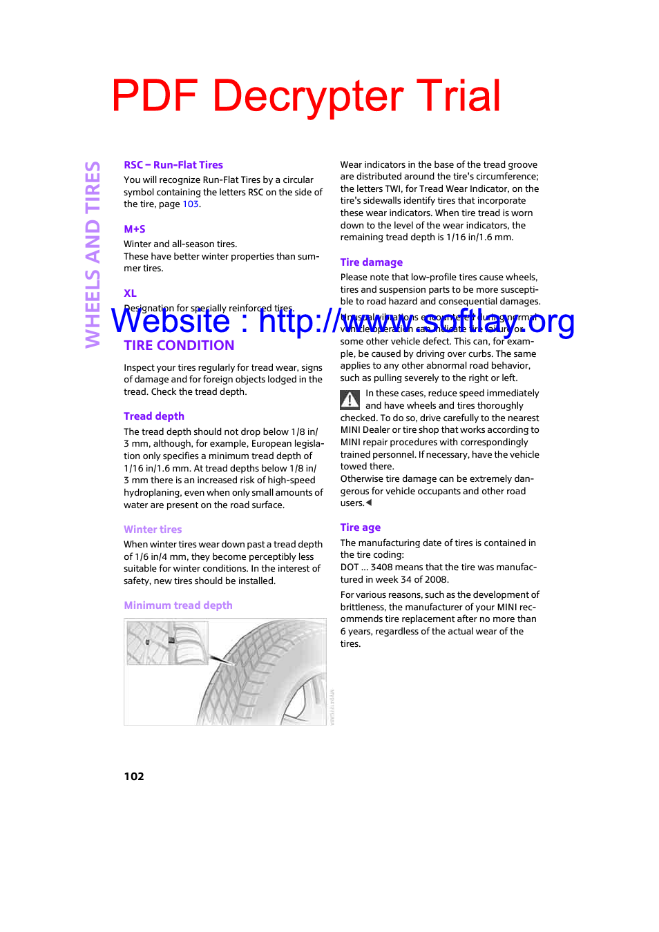 Tire condition, Pdf decrypter trial, Whee ls and tire s | Mini 2009 Clubman User Manual | Page 104 / 160
