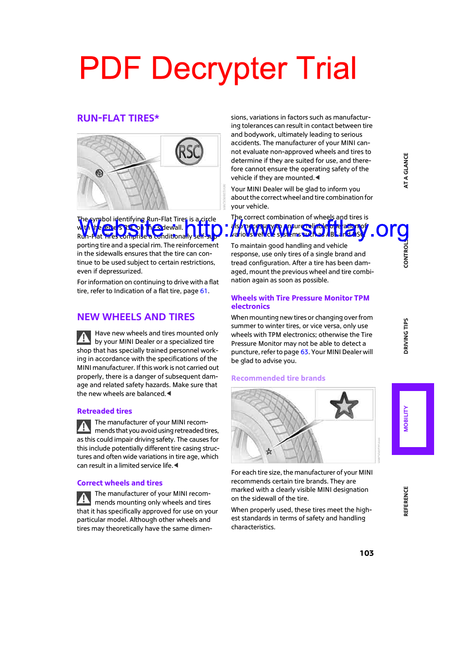 Run-flat tires, New wheels and tires, Pdf decrypter trial | Mini 2009 Clubman User Manual | Page 105 / 160