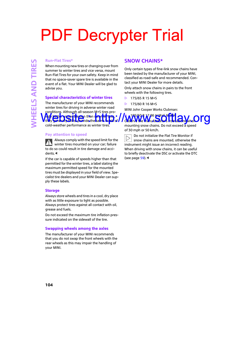 Snow chains, Pdf decrypter trial, Whee ls and tire s | Mini 2009 Clubman User Manual | Page 106 / 160