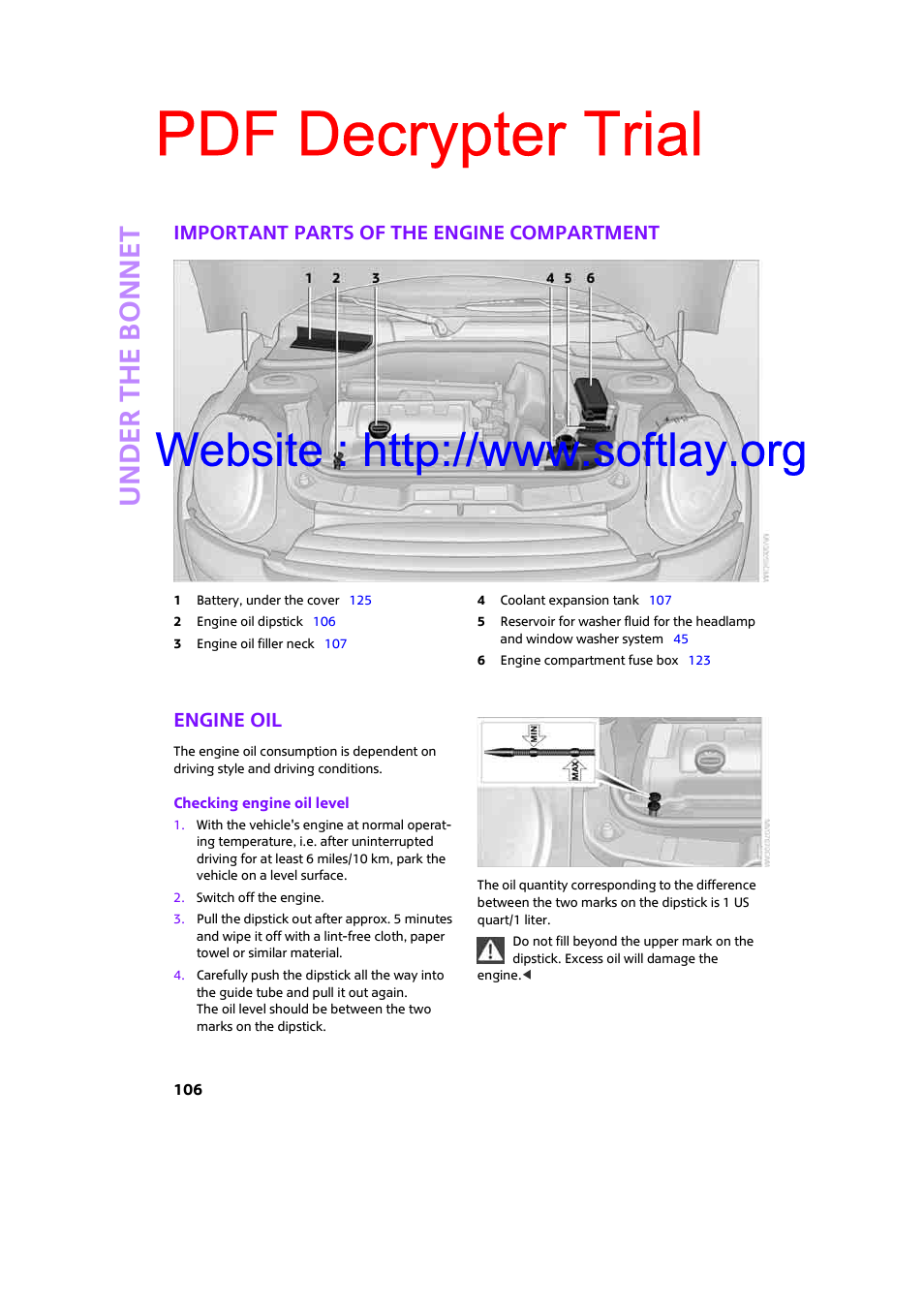 Important parts of the engine compartment, Engine oil, Pdf decrypter trial | Under th e bo nnet | Mini 2009 Clubman User Manual | Page 108 / 160