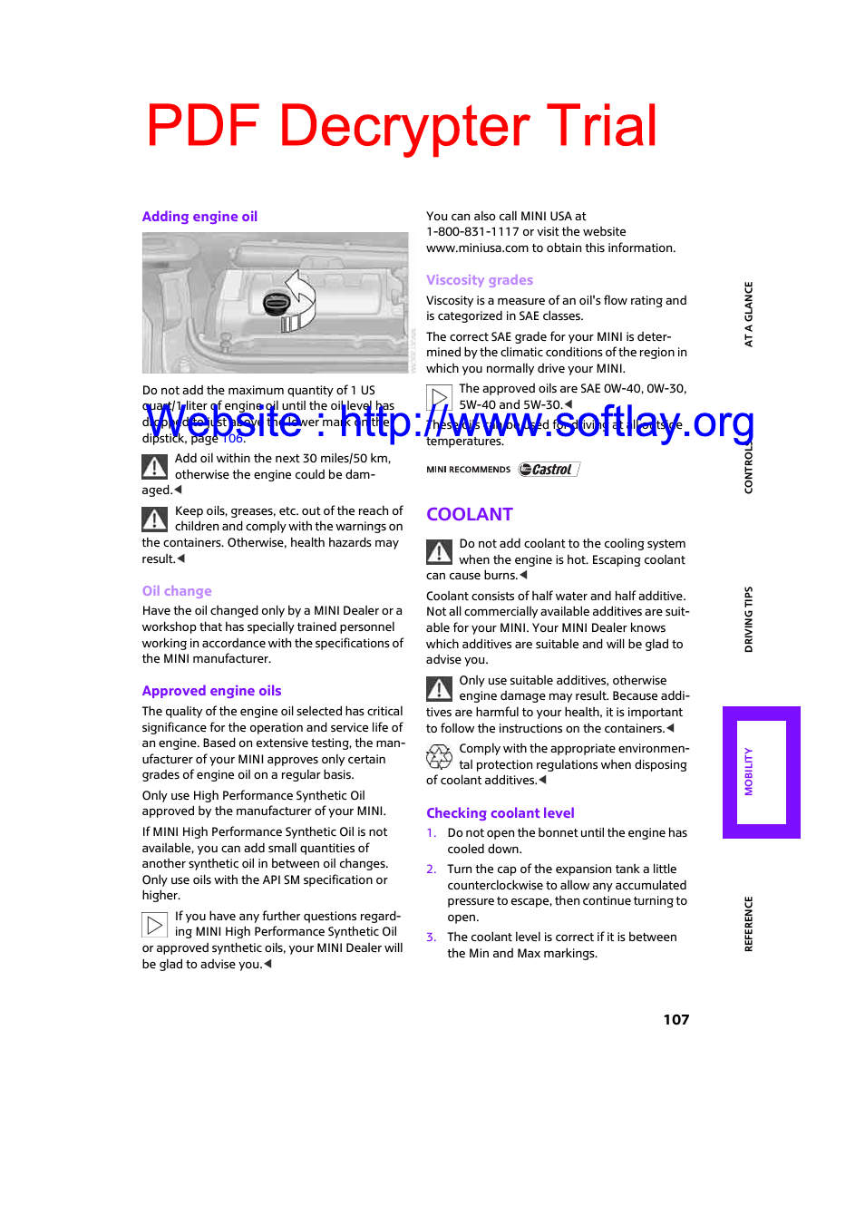 Coolant, Pdf decrypter trial | Mini 2009 Clubman User Manual | Page 109 / 160