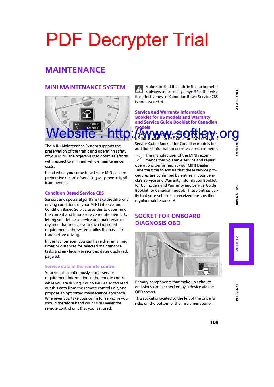 Maintenance, Mini maintenance system, Socket for onboard diagnosis obd | Pdf decrypter trial | Mini 2009 Clubman User Manual | Page 111 / 160