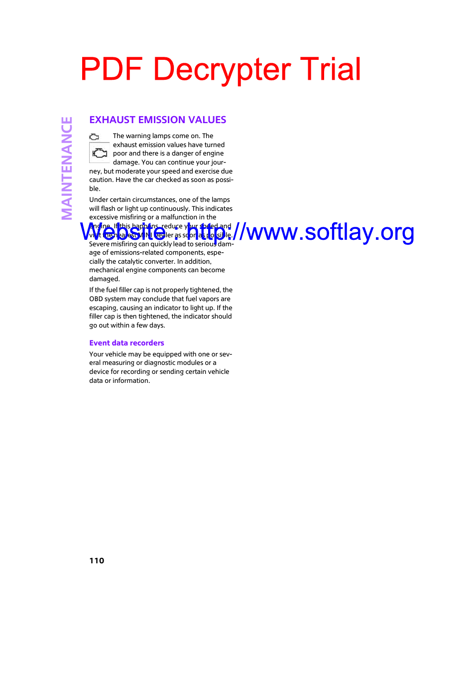 Exhaust emission values, Pdf decrypter trial | Mini 2009 Clubman User Manual | Page 112 / 160