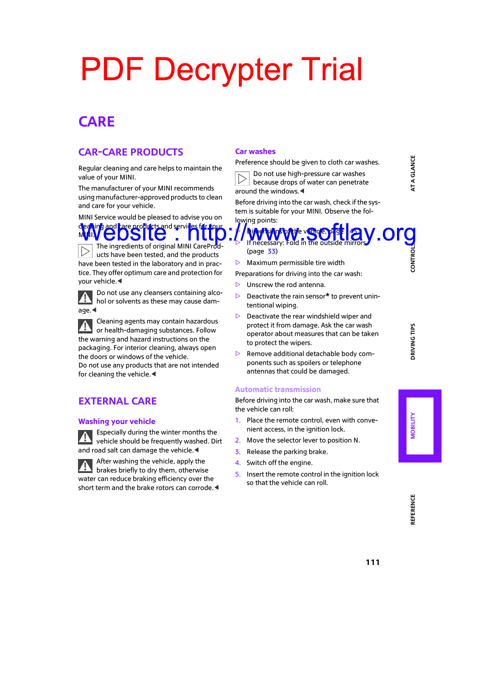 Care, Car-care products, External care | Pdf decrypter trial | Mini 2009 Clubman User Manual | Page 113 / 160