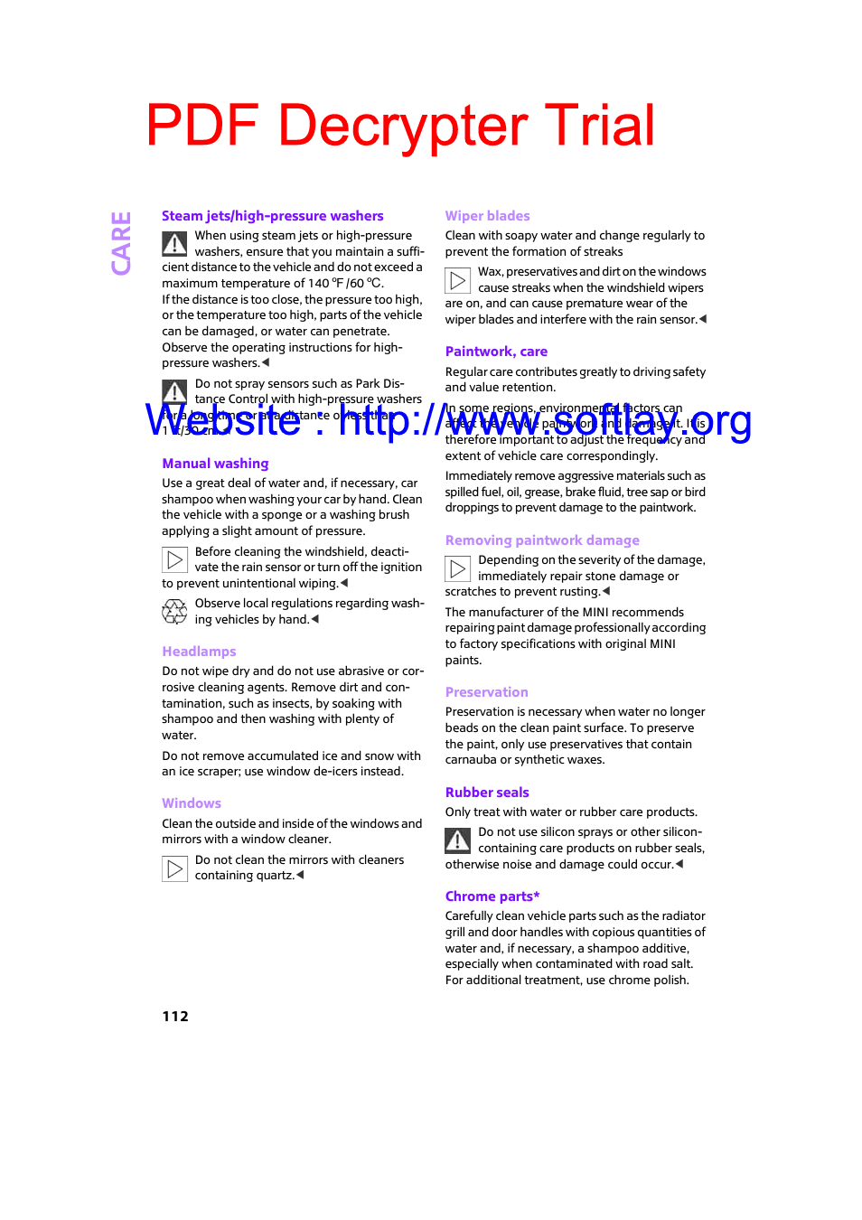 Pdf decrypter trial, Care | Mini 2009 Clubman User Manual | Page 114 / 160