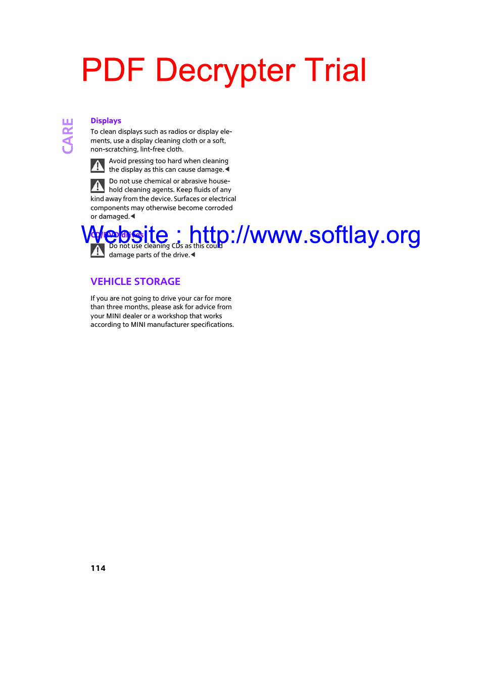 Vehicle storage, Pdf decrypter trial, Care | Mini 2009 Clubman User Manual | Page 116 / 160