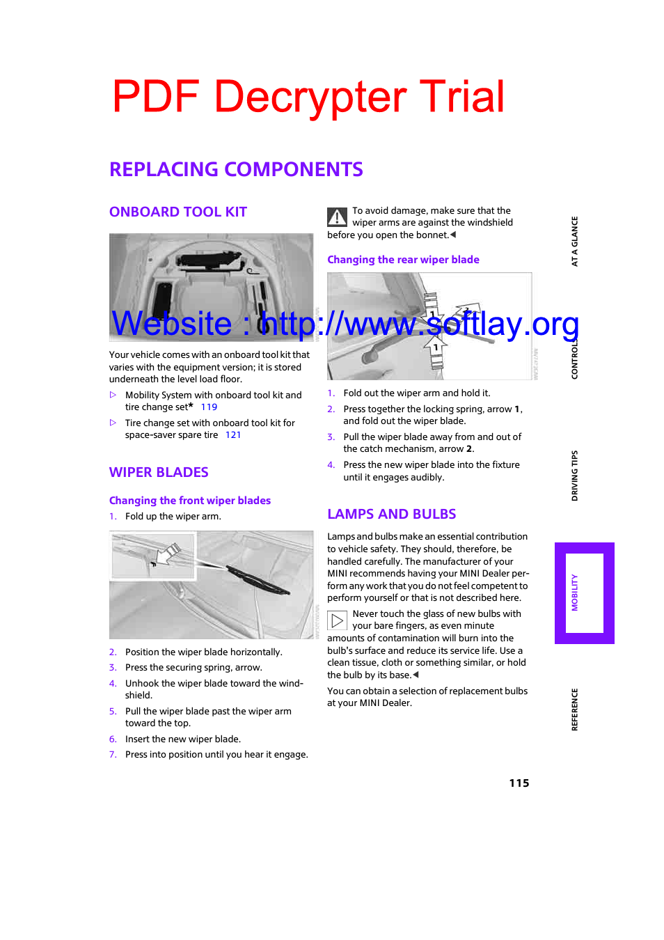 Replacing components, Onboard tool kit, Wiper blades | Lamps and bulbs, Pdf decrypter trial | Mini 2009 Clubman User Manual | Page 117 / 160