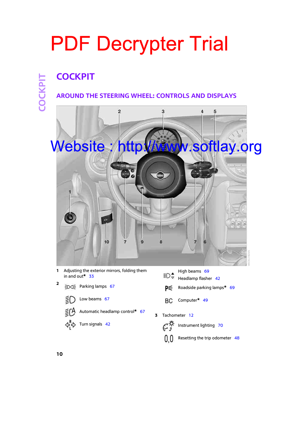 Cockpit, Around the steering wheel: controls and displays, Pdf decrypter trial | Co ckpit | Mini 2009 Clubman User Manual | Page 12 / 160