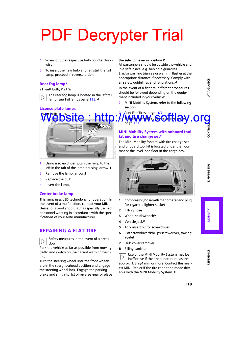 Repairing a flat tire, Pdf decrypter trial | Mini 2009 Clubman User Manual | Page 121 / 160