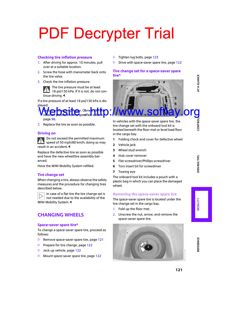 Changing wheels, Pdf decrypter trial | Mini 2009 Clubman User Manual | Page 123 / 160