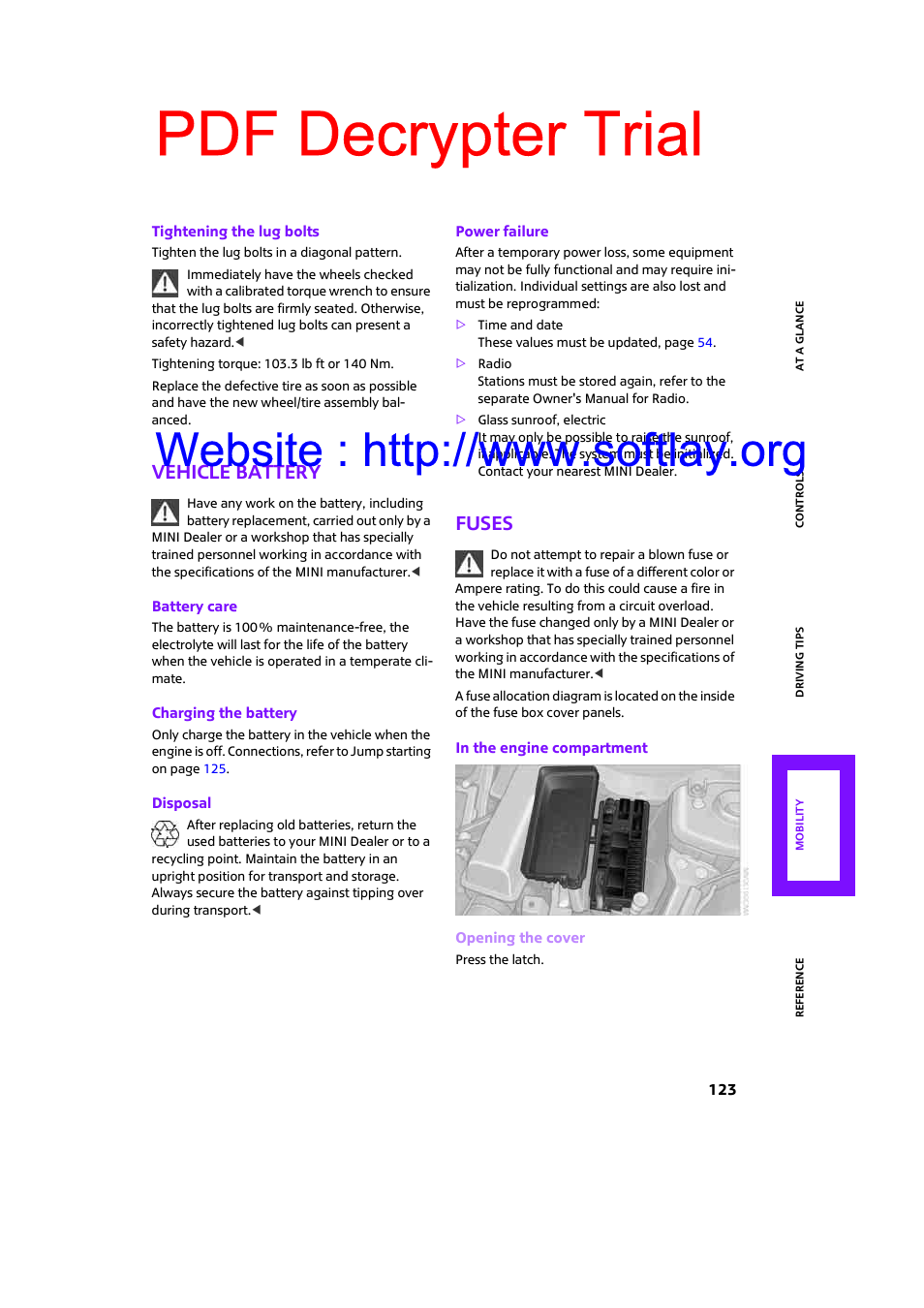 Vehicle battery, Fuses, Pdf decrypter trial | Mini 2009 Clubman User Manual | Page 125 / 160