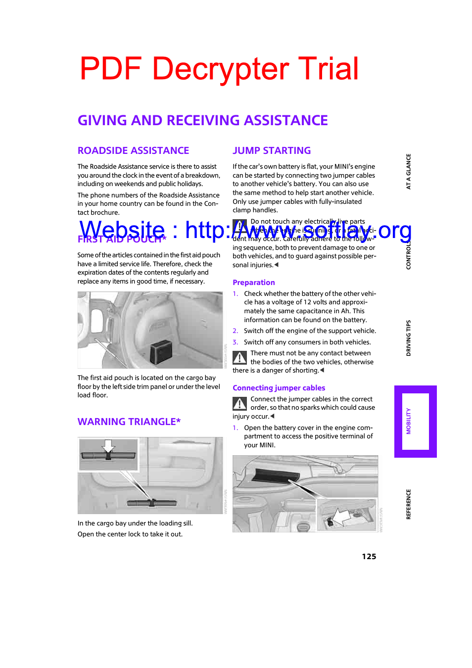 Giving and receiving assistance, Roadside assistance, First aid pouch | Warning triangle, Jump starting, Pdf decrypter trial | Mini 2009 Clubman User Manual | Page 127 / 160
