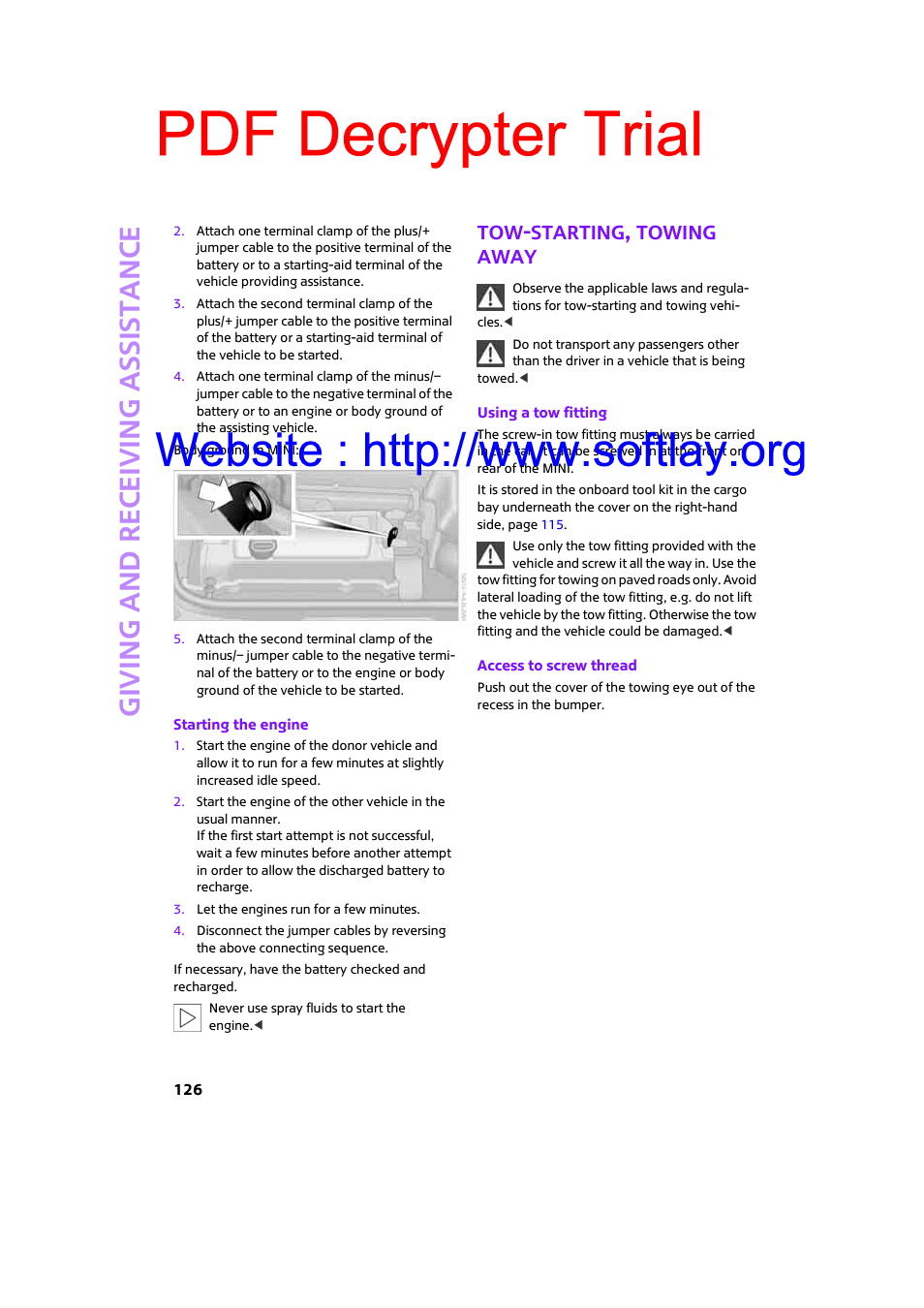 Tow-starting, towing away, Pdf decrypter trial, Giving and receiving assi stance | Mini 2009 Clubman User Manual | Page 128 / 160