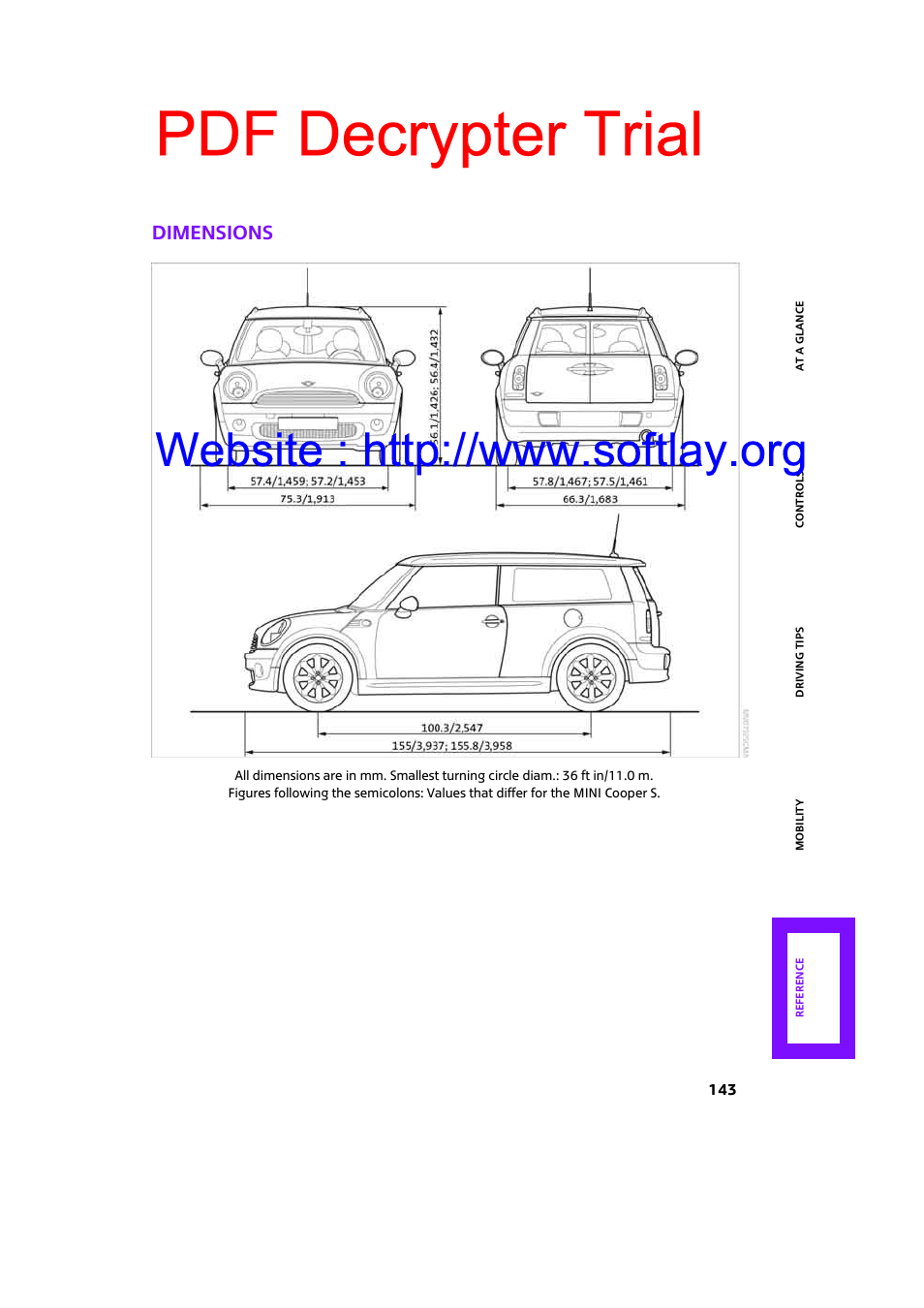 Dimensions, Pdf decrypter trial | Mini 2009 Clubman User Manual | Page 145 / 160