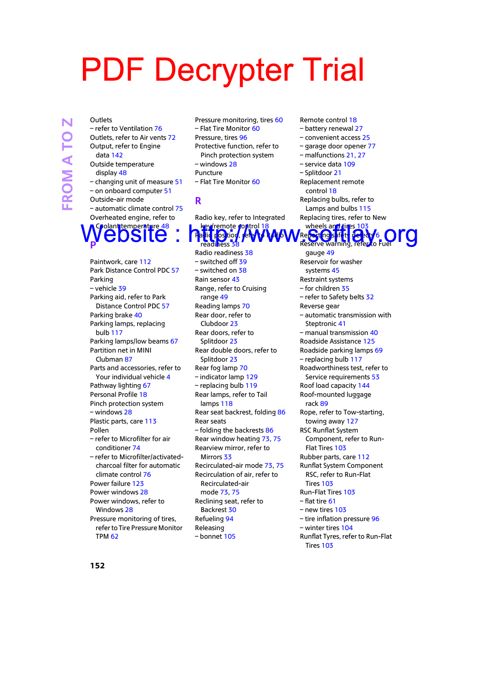 Pdf decrypter trial | Mini 2009 Clubman User Manual | Page 154 / 160