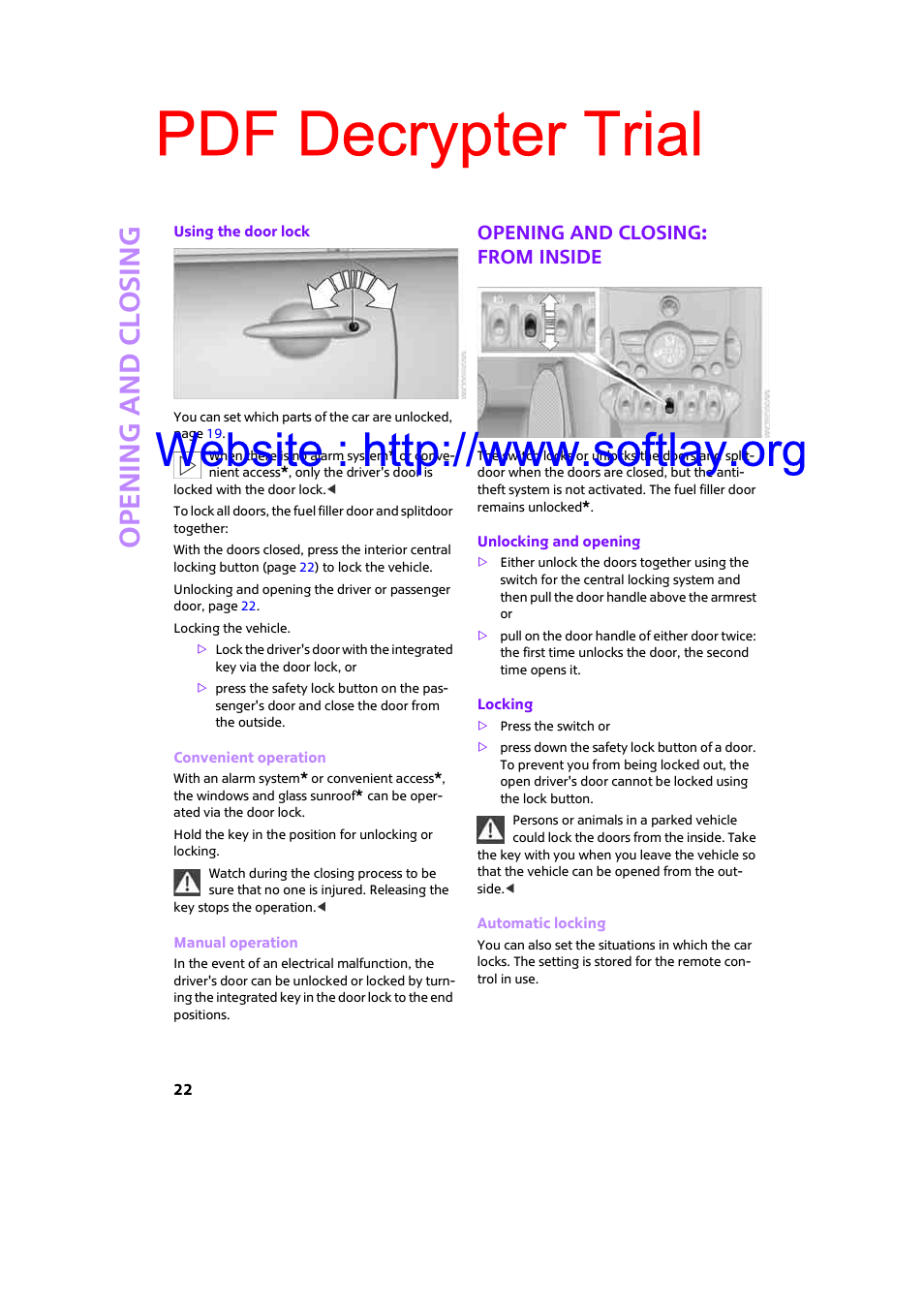 Opening and closing: from inside, Pdf decrypter trial, Open ing and closing | Mini 2009 Clubman User Manual | Page 24 / 160