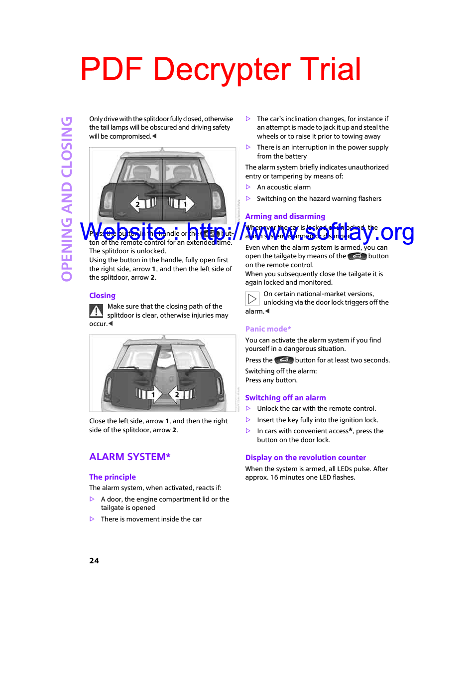 Alarm system, Pdf decrypter trial, Open ing and closing | Mini 2009 Clubman User Manual | Page 26 / 160