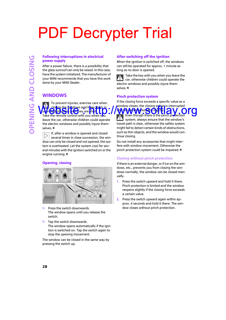Windows, Pdf decrypter trial, Open ing and closing | Mini 2009 Clubman User Manual | Page 30 / 160