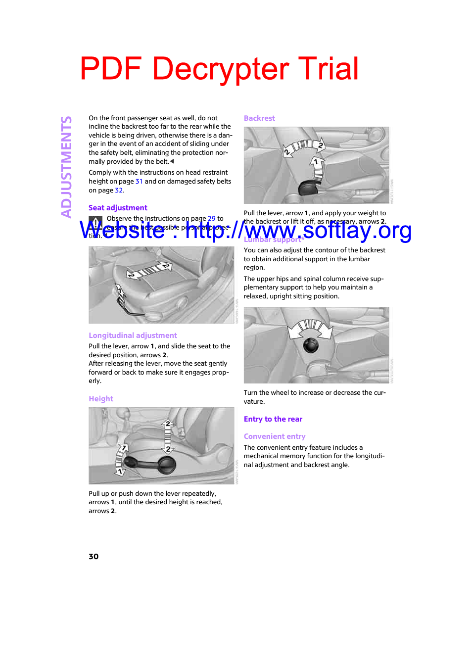 Pdf decrypter trial, Adjustments | Mini 2009 Clubman User Manual | Page 32 / 160