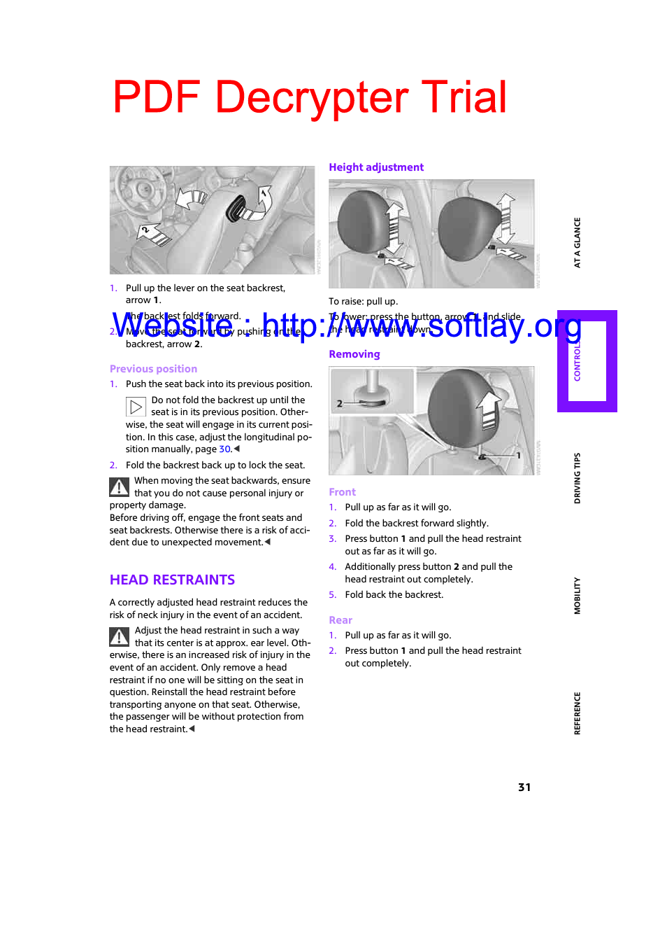 Head restraints, Pdf decrypter trial | Mini 2009 Clubman User Manual | Page 33 / 160