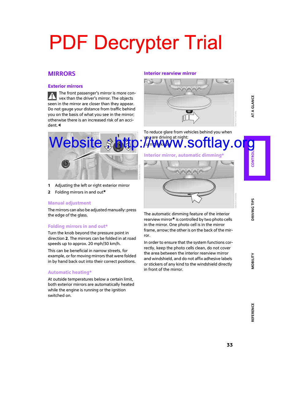 Mirrors, Pdf decrypter trial | Mini 2009 Clubman User Manual | Page 35 / 160