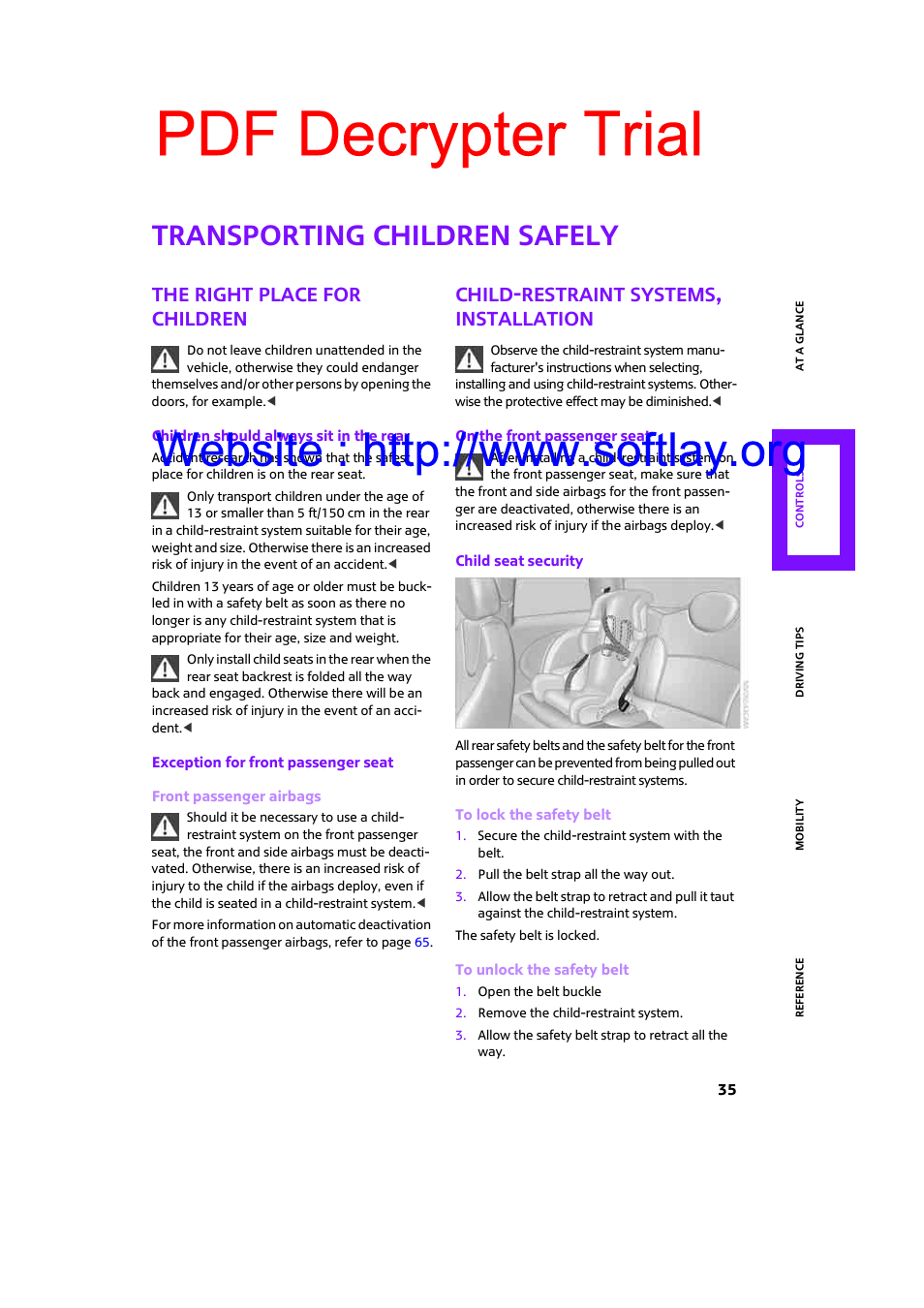 Transporting children safely, The right place for children, Child-restraint systems, installation | Pdf decrypter trial | Mini 2009 Clubman User Manual | Page 37 / 160