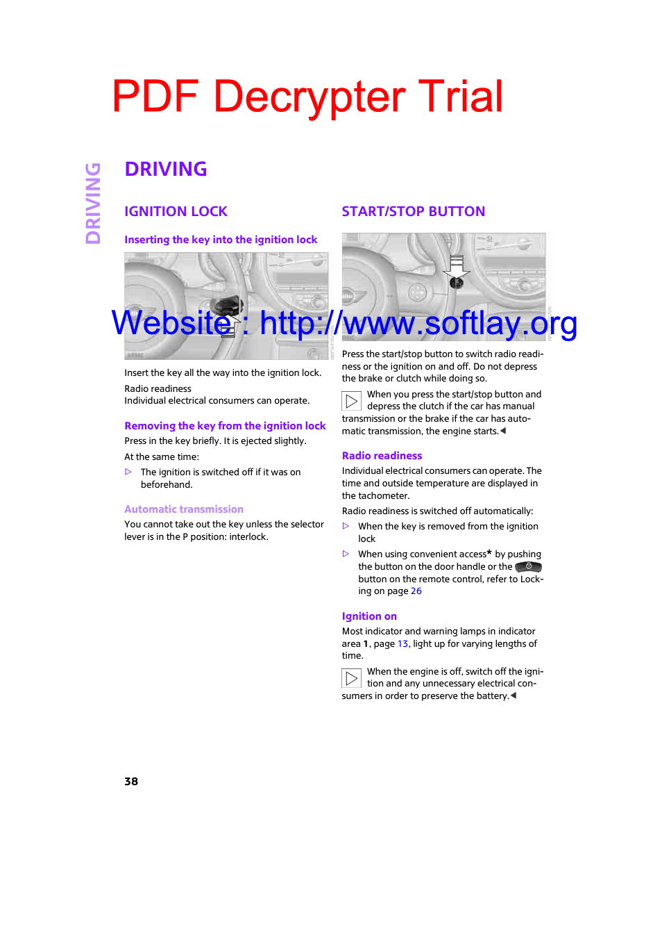 Driving, Ignition lock, Start/stop button | Pdf decrypter trial | Mini 2009 Clubman User Manual | Page 40 / 160