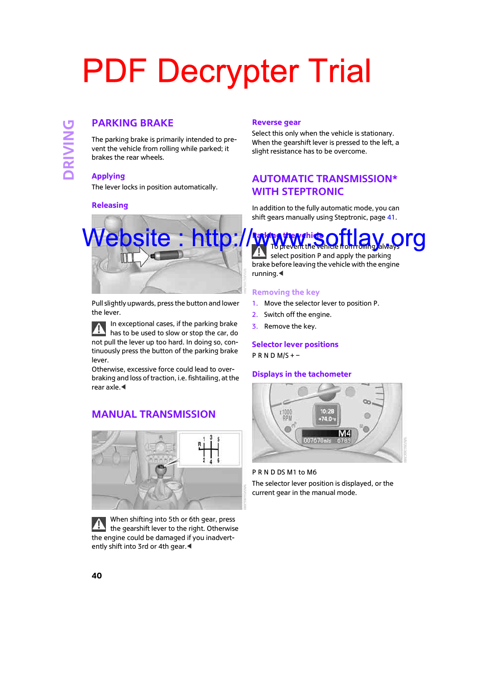 Parking brake, Manual transmission, Automatic transmission* with steptronic | Pdf decrypter trial, Driving | Mini 2009 Clubman User Manual | Page 42 / 160