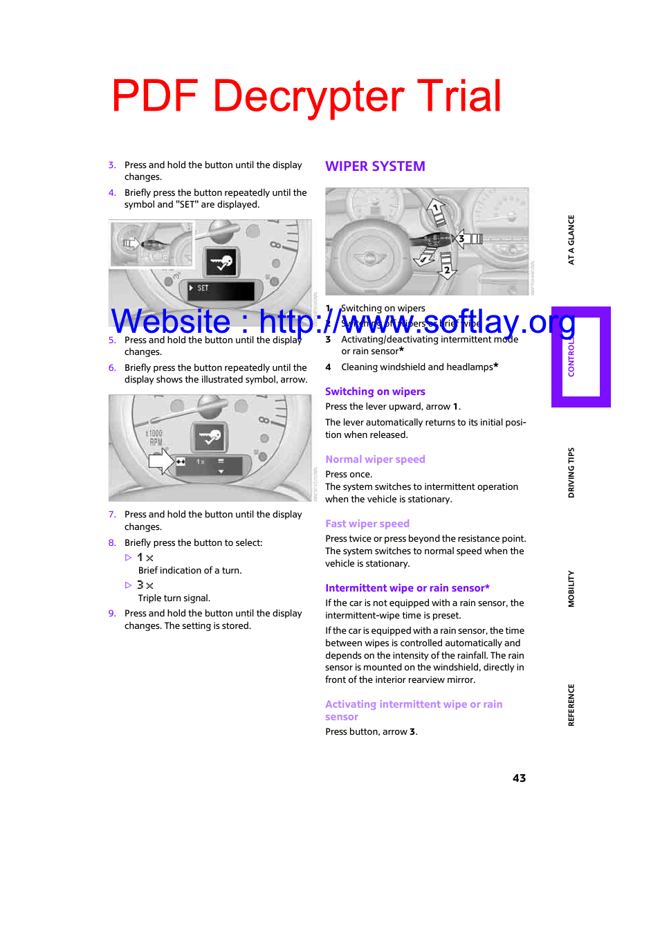 Wiper system, Pdf decrypter trial | Mini 2009 Clubman User Manual | Page 45 / 160