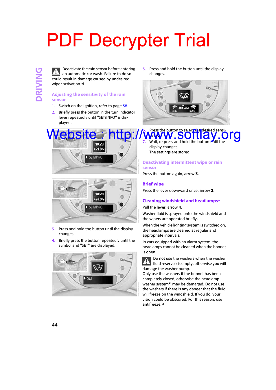 Pdf decrypter trial, Driving | Mini 2009 Clubman User Manual | Page 46 / 160