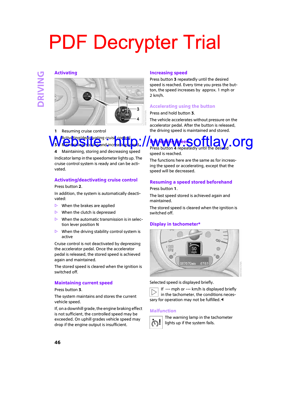 Pdf decrypter trial, Driving | Mini 2009 Clubman User Manual | Page 48 / 160