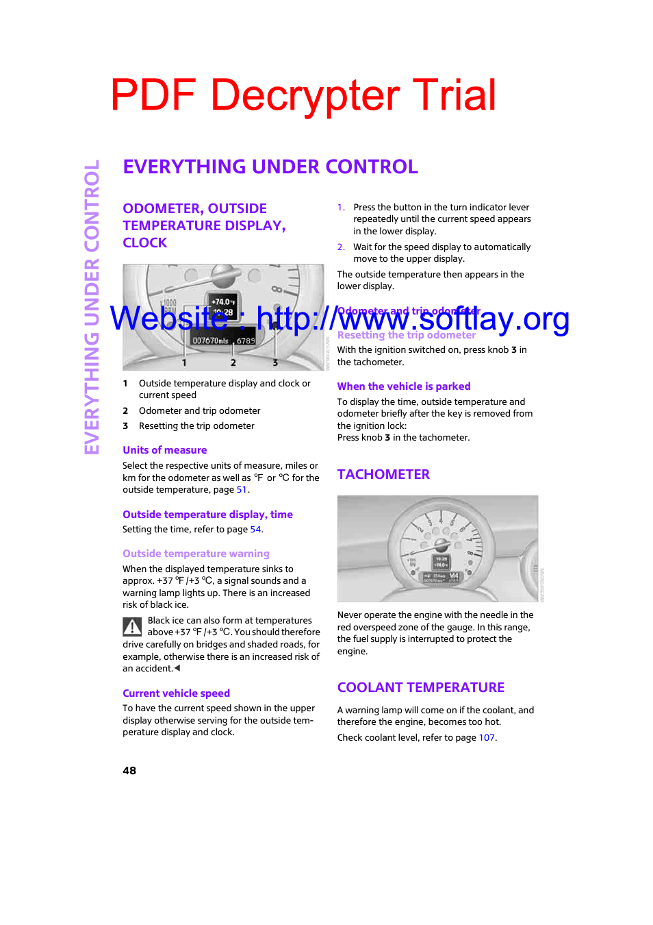 Everything under control, Odometer, outside temperature display, clock, Tachometer | Coolant temperature, Pdf decrypter trial, Ever yth ing under control | Mini 2009 Clubman User Manual | Page 50 / 160