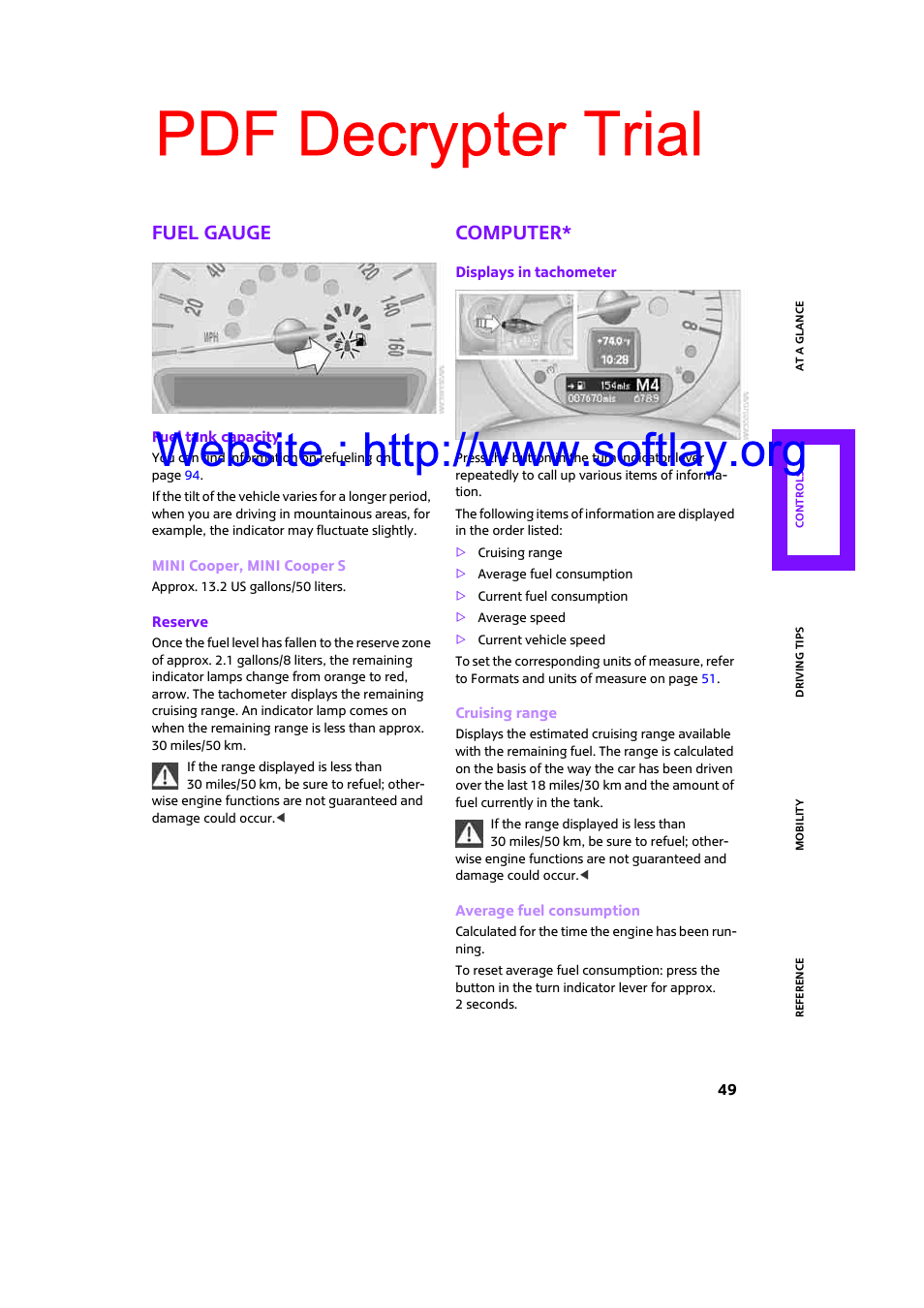 Fuel gauge, Computer, Pdf decrypter trial | Mini 2009 Clubman User Manual | Page 51 / 160