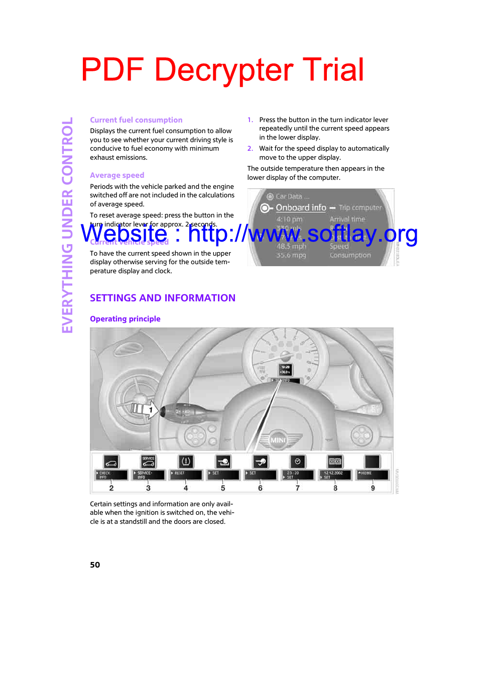 Settings and information, Pdf decrypter trial, Ever yth ing under control | Mini 2009 Clubman User Manual | Page 52 / 160