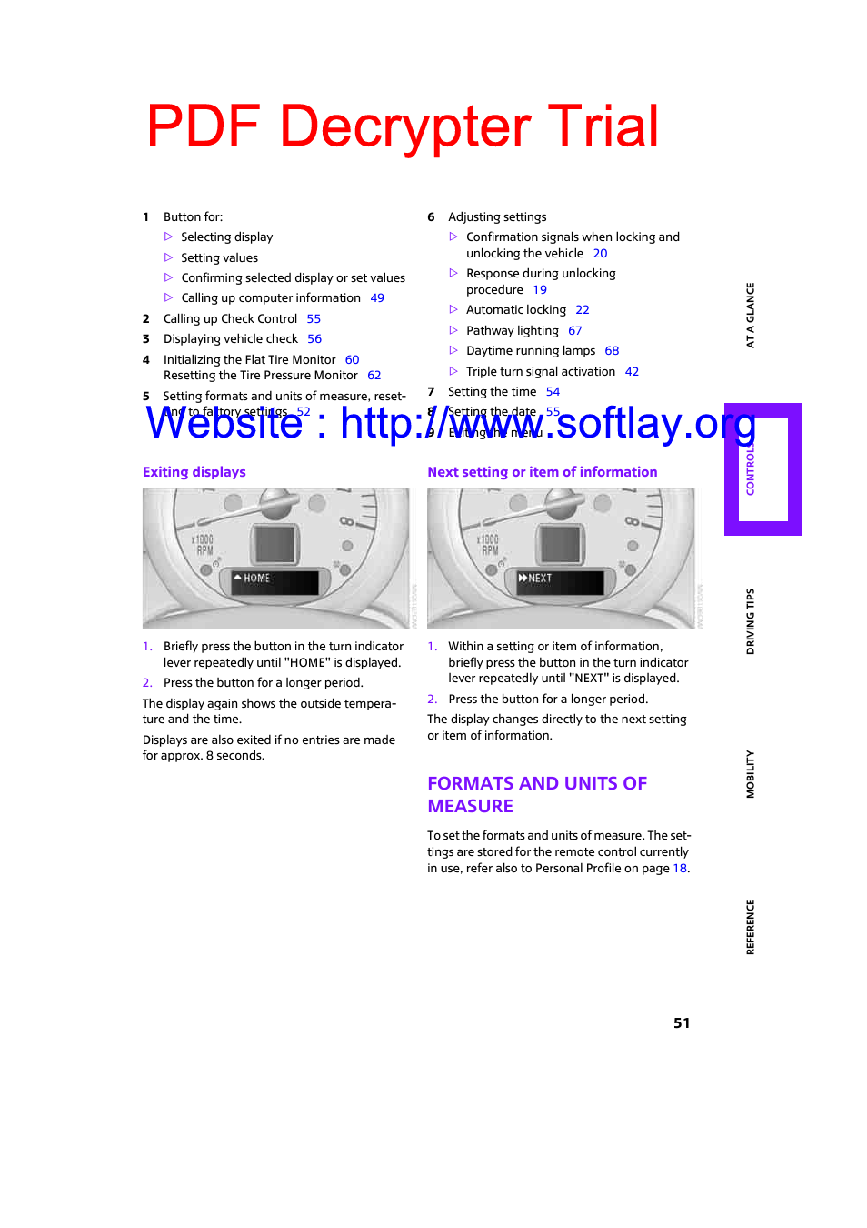 Formats and units of measure, Pdf decrypter trial | Mini 2009 Clubman User Manual | Page 53 / 160