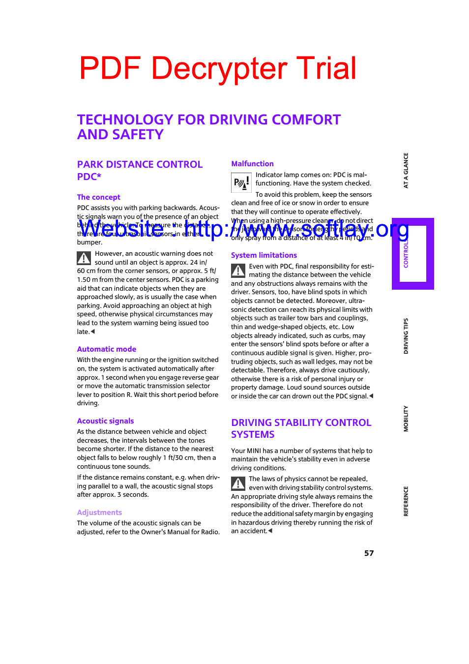 Technology for driving comfort and safety, Park distance control pdc, Driving stability control systems | Pdf decrypter trial | Mini 2009 Clubman User Manual | Page 59 / 160