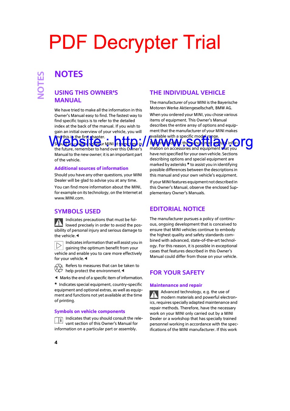 Notes, Using this owner's manual, Symbols used | The individual vehicle, Editorial notice, For your safety, Pdf decrypter trial, No te s | Mini 2009 Clubman User Manual | Page 6 / 160
